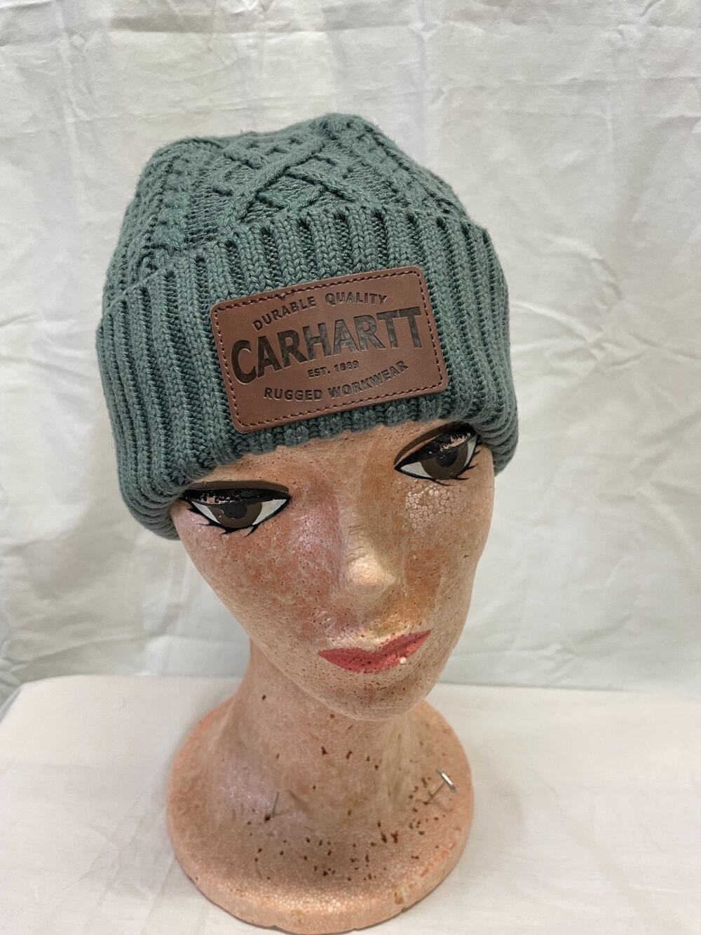 Carhartt Green Cable-Knit Women's Newark Beanie With Brown Leather Logo Patch